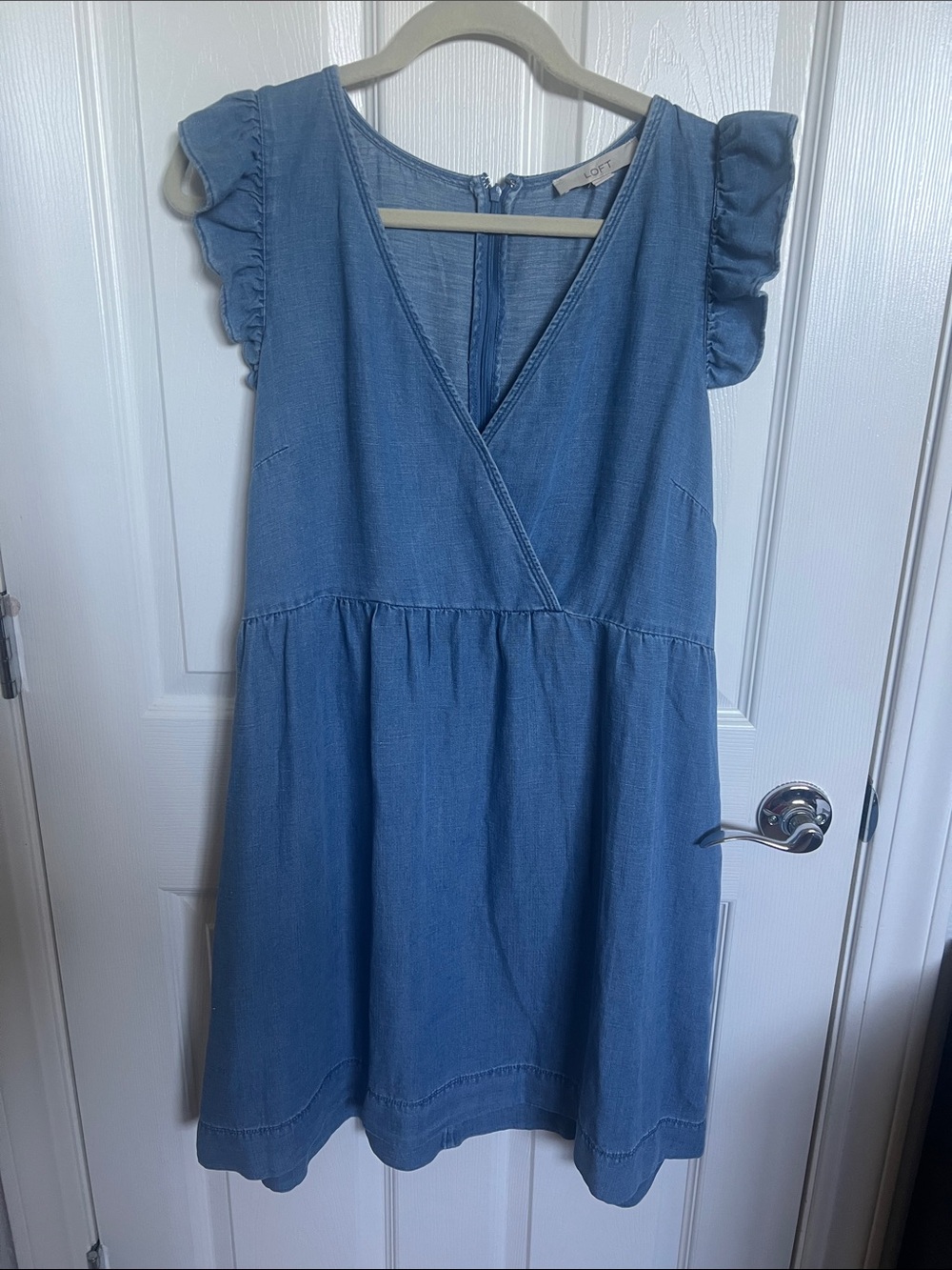 LOFT Blue Chambray Wrap-Style Dress with Ruffle Sleeves